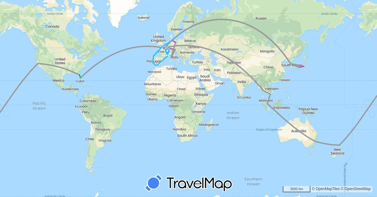 TravelMap itinerary: driving, bus, plane, train, boat in Austria, Australia, Germany, Spain, France, Japan, South Korea, New Zealand, Portugal, Singapore, Thailand, United States, Vietnam (Asia, Europe, North America, Oceania)